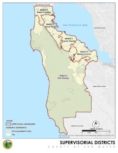 map showing boundaries of the 5San Mateo County Supervisorial Districts
