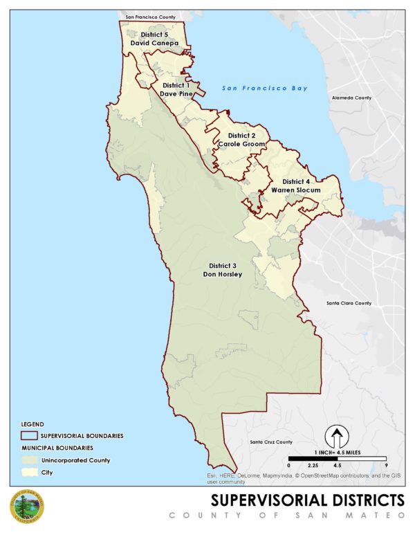 map showing boundaries of the 5San Mateo County Supervisorial Districts